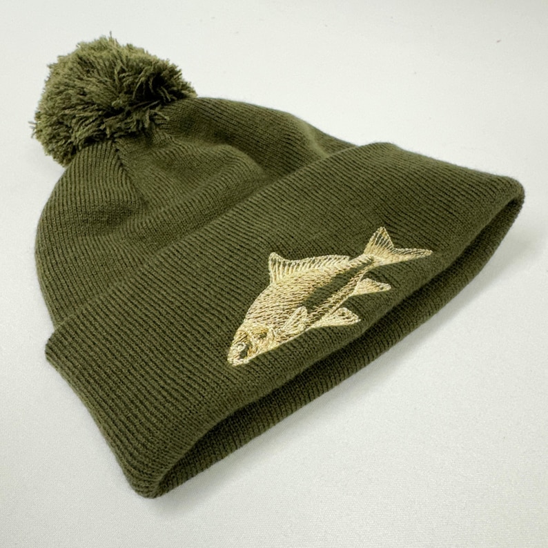 Carp Hat Pattern Carp Embroidered Khaki Fishing Beanie or Pompom Hat - Ideal for Outdoor ...