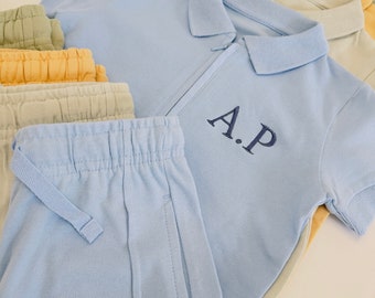 Personalised Boys Cotton Polo Shirt and Shorts Set, Embroidered Initials