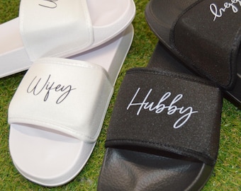 Hubby or WIFEY Honeymoon Sliders. Couples Wedding Gift