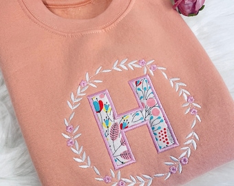 Embroidered Floral Initial Girls Sweater Jumper with Flower Wreath