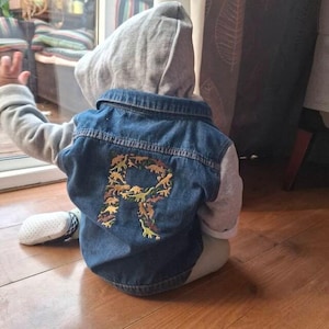 May include: A denim jacket with a grey hooded sweatshirt underneath. The jacket has a large letter "R" embroidered on the back, made up of small dinosaur shapes.