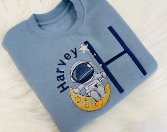 Astronaut and Moon Embroidered Sweater with Personalised Initial. Super Soft Jumper