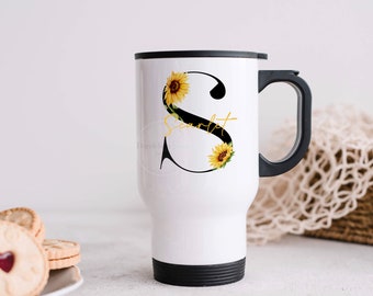 Bright Sunflowers Stainless Steel Travel Mug - 14oz Capacity, Black Initial - Personalised and Portable