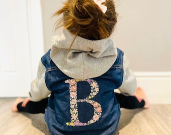 Trendy Girls Denim Jacket with Embroidered Floral Alphabet - Button Closure, Cotton Sleeves and Hood