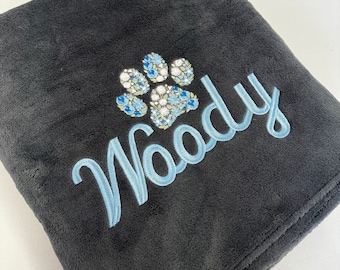 Embroidered Pet Blanket with Floral Paw Design - Customised Pet Name