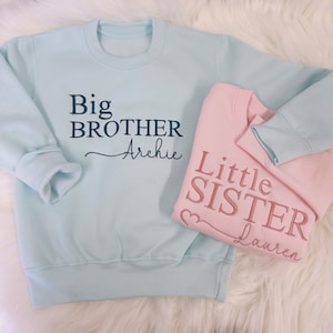 May include: Two light blue and pink sweatshirts with the text "Big Brother Archie" and "Little Sister Lauren" embroidered on them.