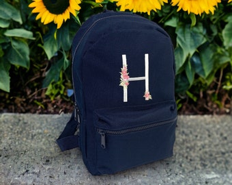 Minimalist Embroidered Children's Floral Initial Backpack - Personalised School Bag