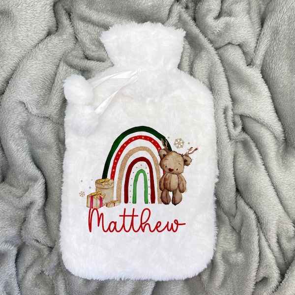 Christmas Bear Rainbow Personalised Hot Water Bottle CHRISTMAS GIFT. Christmas Eve. Stocking filler