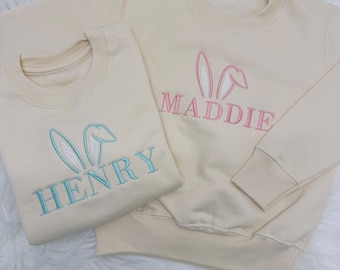 Bunny Ears Embroidered Easter Sweater Personalised. Easter Egg Hunt Outfit.