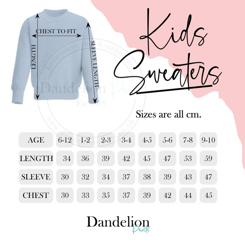 May include: A size chart for kids' sweaters, showing measurements in centimeters for chest, length, and sleeve length. The chart is labeled with ages from 6-12 months to 9-10 years.