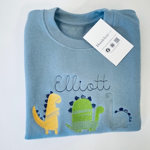This is a blue sweater with a trio of dinosaurs embroidered on the front. The dinosaurs are embroidered in yellow, green and blue in a sketch style stitch. There is also a name embroidered above the dinosaurs