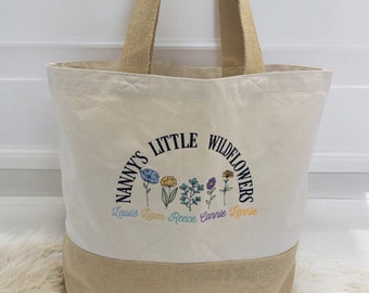 Nanny, Grandma, Granny Jute Shopping Bag With Wildflower Grandchildren Embroidery.