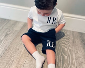 Personalised Kids White Top and Shorts Set | Custom Initials Print | Black, Navy or Khaki Shorts.