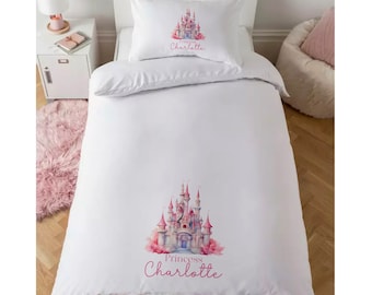 Kids Princess Castle Bedding Set - Personalised Name Duvet Cover and Pillowcase Included