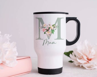 14oz Sage Initial with Flowers Stainless Steel Travel Mug - Personalised Coffee Cup