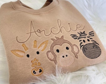 Embroidered Adorable Children's Zoo Animal Personalised Sweater: Monkey, Giraffe, Zebra - Stay Cosy and Stylish!