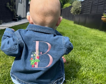 Toddler Personalised Denim Jacket with Embroidered Initial and Strawberry Plant – For Toddlers & Small Children