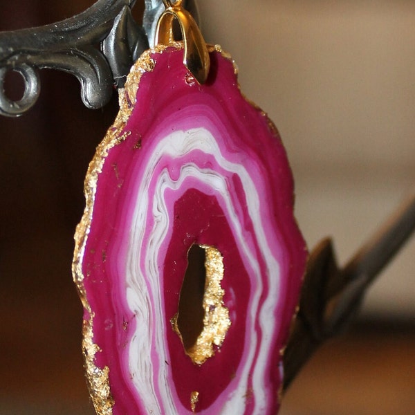 Pink Agate Slice Necklace. Hand made. Polymer Clay (chain included)