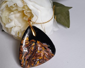 Golden sand. Double-sided pendant. Silver, gold plated chain. Polymer clay