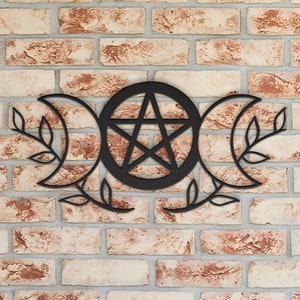 Wiccan pagan triple moon pentacle pentagram earthy Hecate metal art sign, spiritual, occult, goth home decor, large goth wall hanging