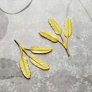 Raw Brass Leaf Feathers On Stem Stampings (2) - RAT6542