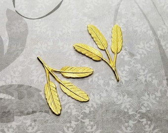 Raw Brass Leaf Feathers On Stem Stampings (2) - RAT6542