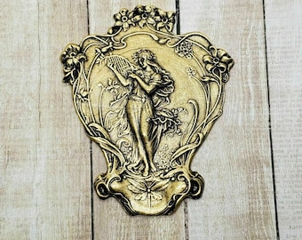 Large Brass Angel With Harp Flowers Dragonfly Stamping x 1 - 1325FF