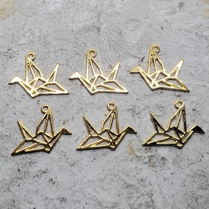 Double Sided Gold Origami Crane Bird Charms (6) - L1135