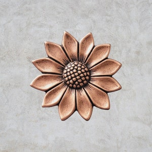 Peut inclure: Une fleur en métal de couleur cuivre avec un design détaillé. La fleur a un cercle central avec un motif texturé et des pétales qui rayonnent vers l'extérieur.