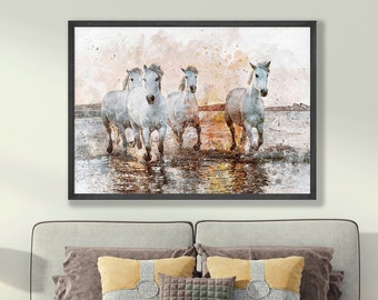 Weiße Wilde laufende Pferde Wandkunst Galoppierende im Wasser Digitale Malerei Abstrakte Pferde Druck Pferdeliebhaber Geschenk Pferdeliebhaber Kunst Camargue