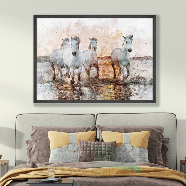 White Wild Running Horses Wall Art Galloping in the Water Digital Painting Abstract Horses Print Horse Lovers Gift Equine Wall Art Camargue