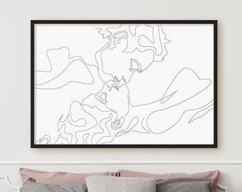 Couple Kissing One Line Drawing, Lovers Minimal Decor, Sexy Bedroom Art, Couple Kiss Printable Digital Download, Romantic Hugging Print