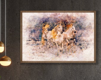 Weiße Wilde laufende Pferde Wandkunst Galoppierende im Wasser Digitale Malerei Abstrakte Pferde Druck Pferdeliebhaber Geschenk Pferdeliebhaber Kunst Camargue