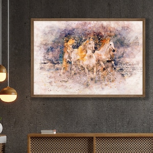 White Wild Running Horses Wall Art Galloping in the Water Digital Painting Abstract Horses Print Horse Lovers Gift Equine Wall Art Camargue