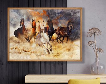 Wild Running Horses Wandkunst Galopp in Desard Sand Digitales Gemälde Abstrakt Pferde Druck Pferde Liebhaber Geschenk PferdeHerde