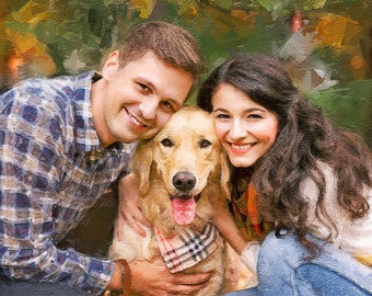 Couple with Dog Custom Oil Painting from Photo, Family Dog Portrait, Pet and Owner Commission art, Couple Dog Canvas Print,Love one portrait