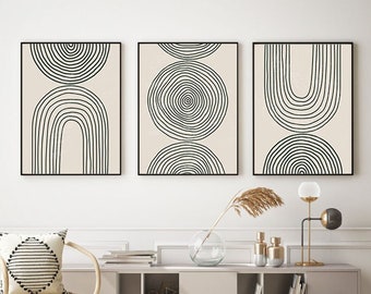 Abstract Geometric Wall Art Set, Neutral Printable,Organic Shapes Circle Print, Downloadable Line Drawing 3 Piece,Beige Black Modern Rainbow