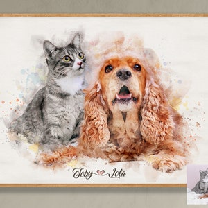 Custom 2 Pet Portrait Painting from Photo. Bespoke gift. Watercolour digital for all pet lovers. Cats, Dogs, Any kinds. Pet Pet Bereavement Memorial Picture. Custom dog and cat portrait drawn from combined photos