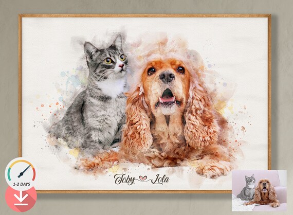 Custom 2 Pet Portrait Painting from Photo. Bespoke gift Watercolour digital for all pet lovers. Cats,Dogs,Any kinds.Pet Bereavement Memorial