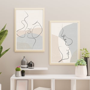 Juego de 2 dibujos lineales de pareja besándose/Pareja de una línea/Póster de hombre y mujer/Arte de pareja enamorada/Arte de pared/Arte lineal de rostros/Impresión de pareja/Impresión de beso