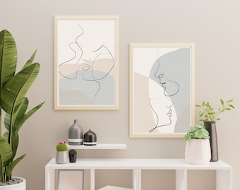 Juego de 2 dibujos lineales de pareja besándose/Pareja de una línea/Póster de hombre y mujer/Arte de pareja enamorada/Arte de pared/Arte lineal de rostros/Impresión de pareja/Impresión de beso