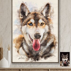 May include: Watercolour painting of a husky dog with blue and brown eyes. The dog has its tongue sticking out and is looking directly at the viewer. The painting has a light blue, pink, and yellow watercolour background.