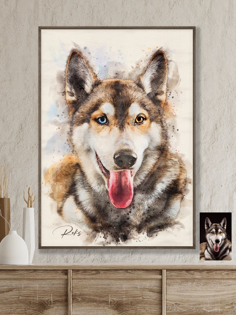 May include: Watercolour painting of a husky dog with blue and brown eyes. The dog has its tongue sticking out and is looking directly at the viewer. The painting has a light blue, pink, and yellow watercolour background.