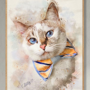 Cat commission artwork. Custom watercolor digital portrait of a tabby cat drawn from a photo. Cat mom gift. Gift for cat owner. Kitten painting. Tabby cat art. Turn cat photo into art. Colorful cat artwork. Cat art poster. Personalized cat painting