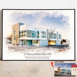Personalised front office building painting from photo, gift for busines anniversary, boss birthday, retired colleague, coworker xmas gift