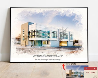 Personalised front office building painting from photo, gift for busines anniversary, boss birthday, retired colleague, coworker xmas gift