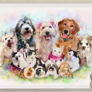 Custom Pet Portrait, Multiple Dogs Cats 5+, Painting Water color, Merged photos, Combined picture, Pet memorial gift, Drawing Owner Pet Lost