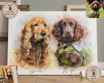 Two Dog Custom Painting, 2 Pets Portrait From Photo, Multi Pet Watercolor, Multiple Two Pet Portrait , Dog Remembrance Gift, Paint Your Pet