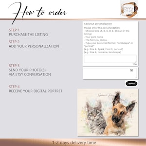 May include: How to order a custom pet portrait.  Steps include purchasing the listing, adding personalisation, sending photos via Etsy conversation, and receiving a digital portrait.  The image shows a watercolour painting of a cat and dog with the names Simba and Ruby.