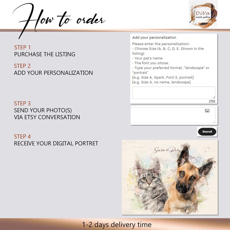 May include: How to order a custom pet portrait.  Steps include purchasing the listing, adding personalisation, sending photos via Etsy conversation, and receiving a digital portrait.  The image shows a watercolour painting of a cat and dog with the names Simba and Ruby.